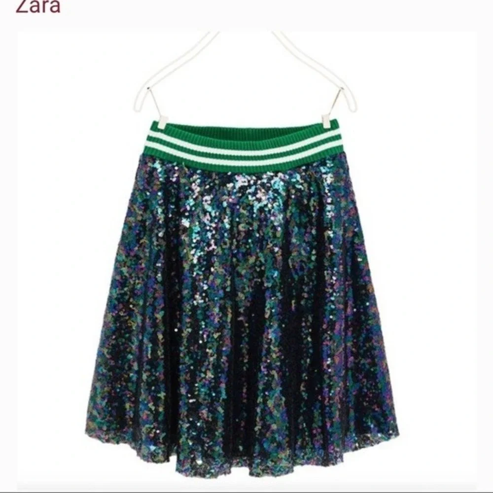 (CL) Zara Girls Sequin Skirt Iridescent Green Striped Waistband‎ Size 13-14 NWT